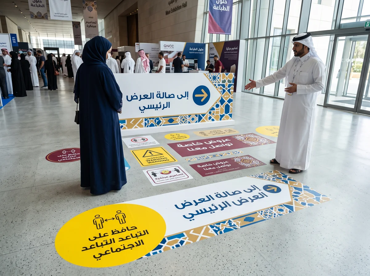 طباعة اللافتات الأرضية وملصقات الأرضيات في قطر: الأنواع والخامات والتركيب