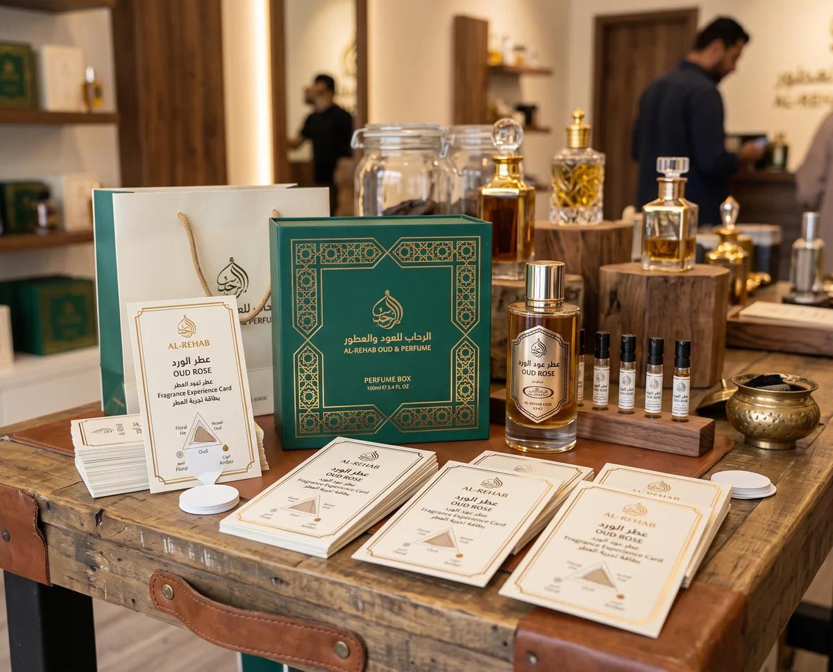 مطبوعات ولوازم محلات العطور والبخور في قطر: علب التغليف وملصقات الزجاجات وبطاقات تجربة العطر