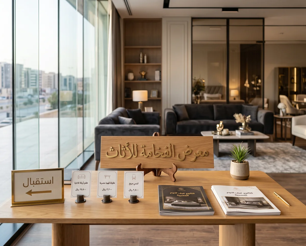 مطبوعات ولوازم معارض الأثاث والمفروشات في قطر: بطاقات الأسعار وكتالوجات الغرف ولوحات الصالة