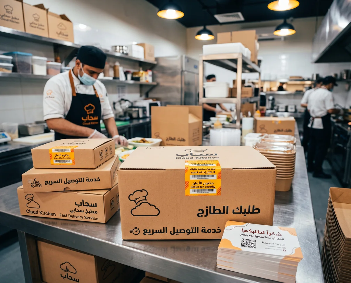 مطبوعات ولوازم المطابخ السحابية وخدمات التوصيل في قطر: ملصقات الأمان وعلب الطلبات وبطاقات الشكر