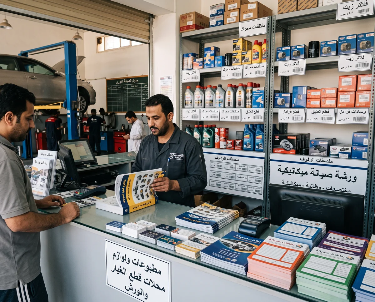 مطبوعات ولوازم محلات قطع غيار السيارات والورش الميكانيكية في قطر: كتالوجات القطع وملصقات الرفوف وبطاقات الصيانة